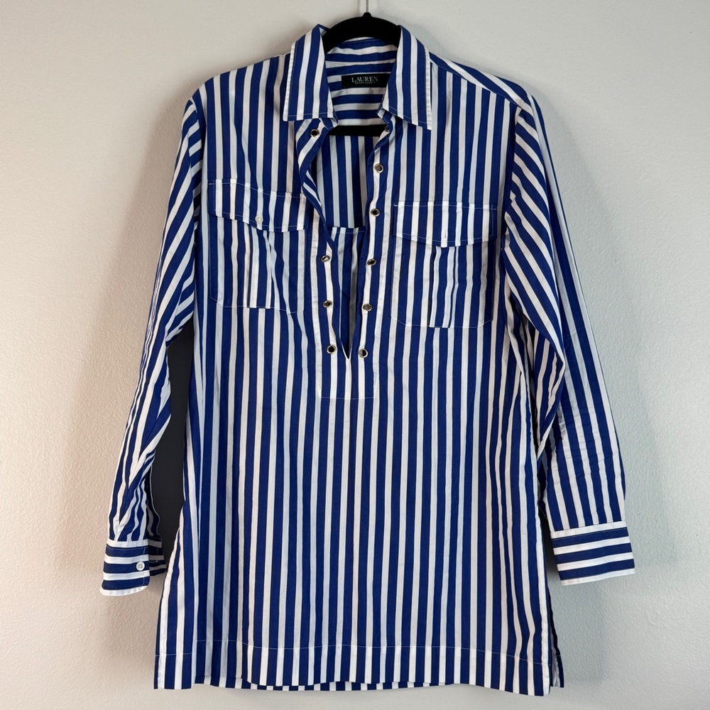 Ralph Lauren Blue White Tunic Striped Shirt Stripe Stripes Henley Pockets Cuffs - Picture 7 of 9